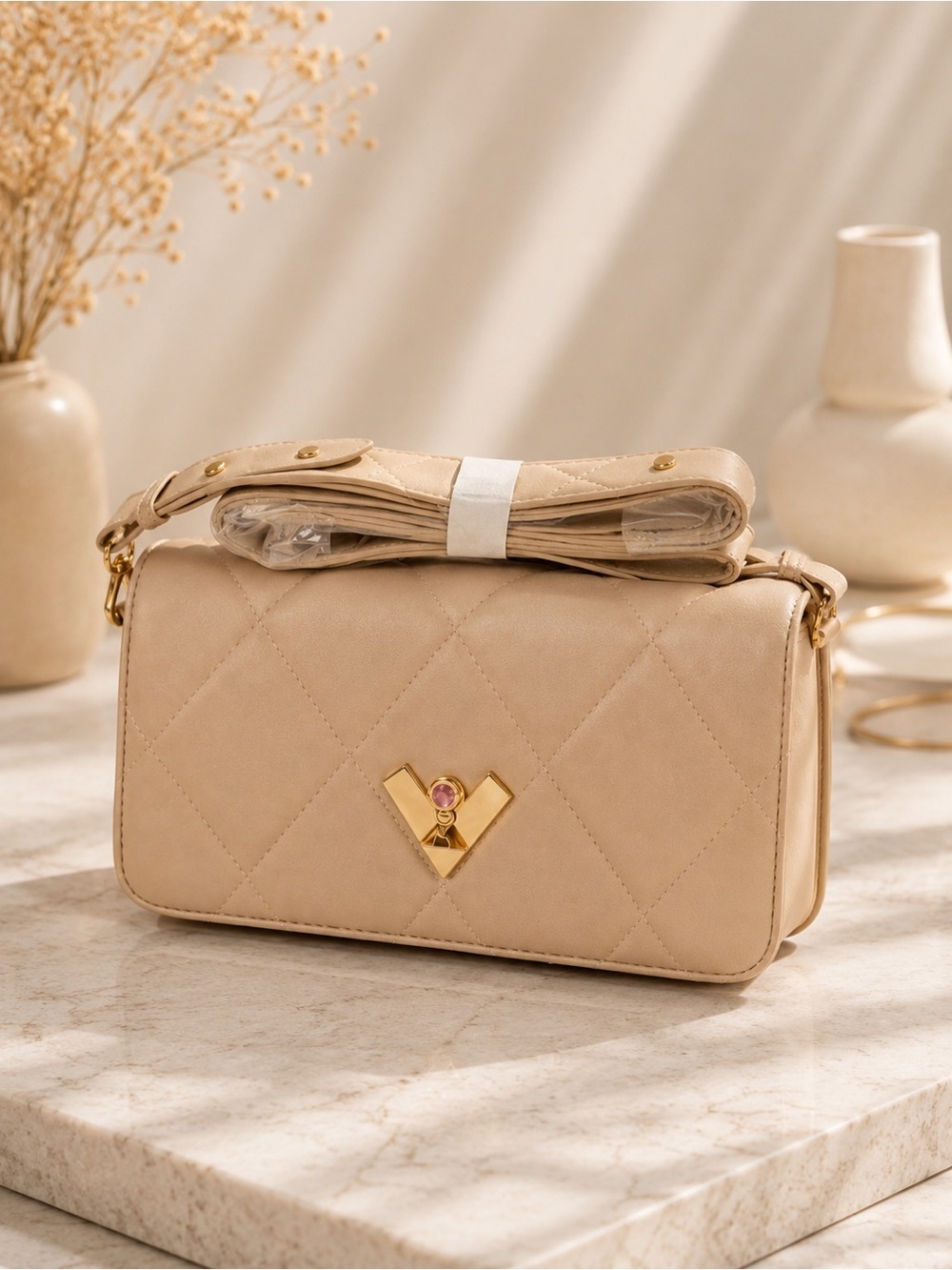 Valentino Orlandi Beige Quilted Crossbody Bag Gold Hardware Structured bag